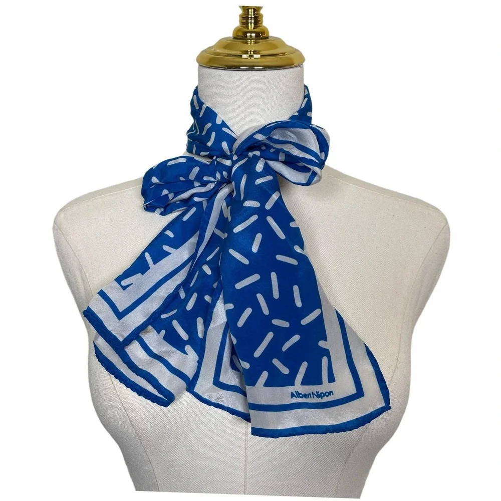 Vintage Albert Nipon Silk Scarf Women Blue White Geometric Dotted Print 80s